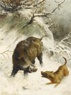 Carl Friedrich Deiker - Jagdhund und Wildschwein