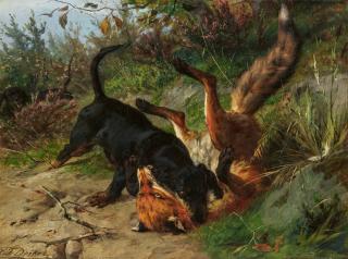 Carl Friedrich Deiker - Jagdhunde mit Fuchs.