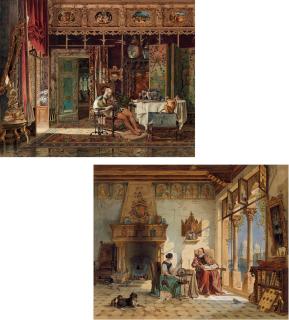 Carl Friedrich Heinrich Werner - A troubadour brooding in an elaborate interior; and A priest and a woman spinning yarn in a Venetian interior