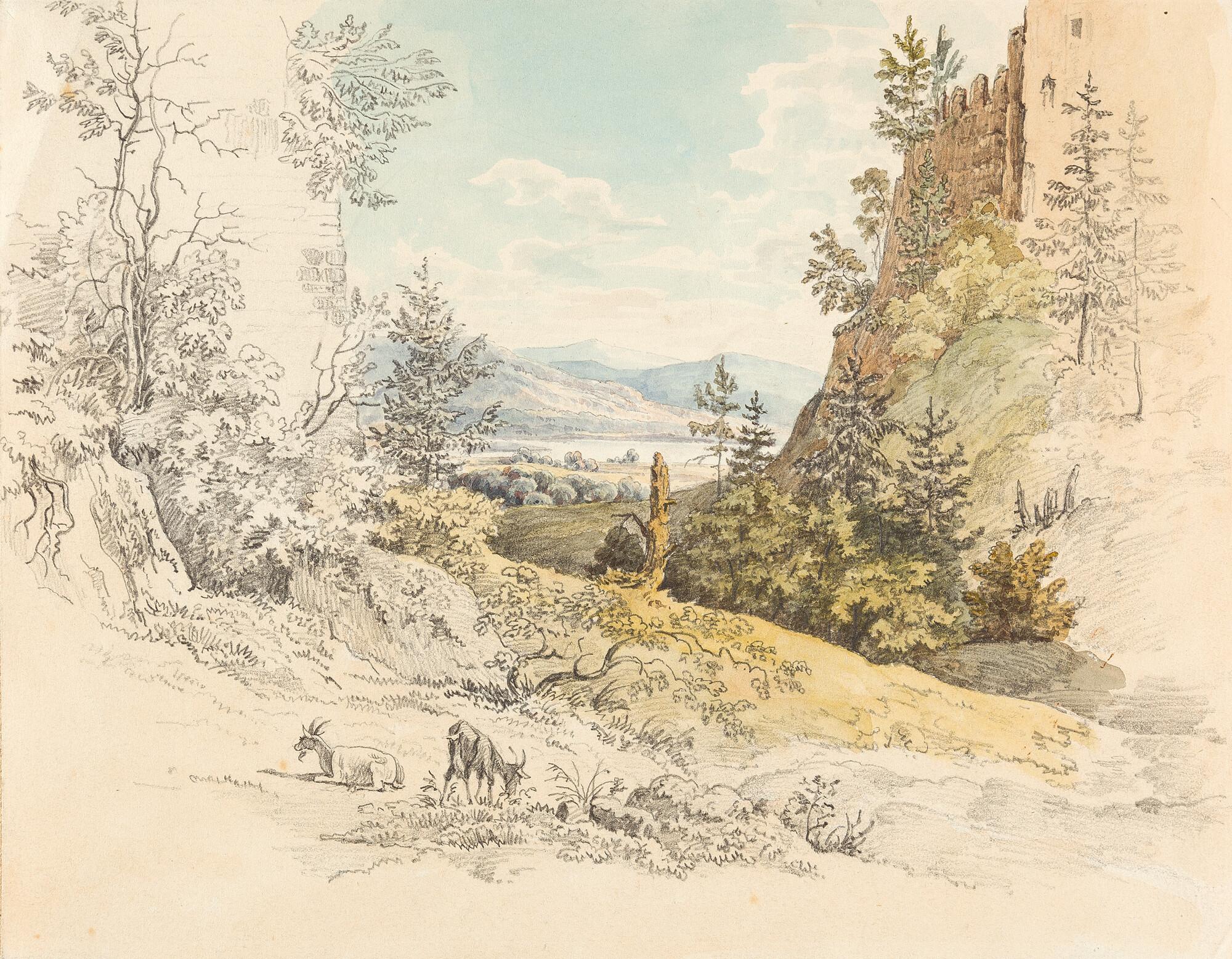 Carl Friedrich Heinzmann - 2 Bll.: Ein Weiher bei München im Mondschein – Landschaft mit