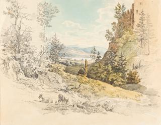 Carl Friedrich Heinzmann - 2 Bll.: Ein Weiher bei München im Mondschein – Landschaft mit