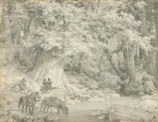 Carl Friedrich Lessing - Two Travellers In Prayer At A Shrine In A Wooded River Landscape