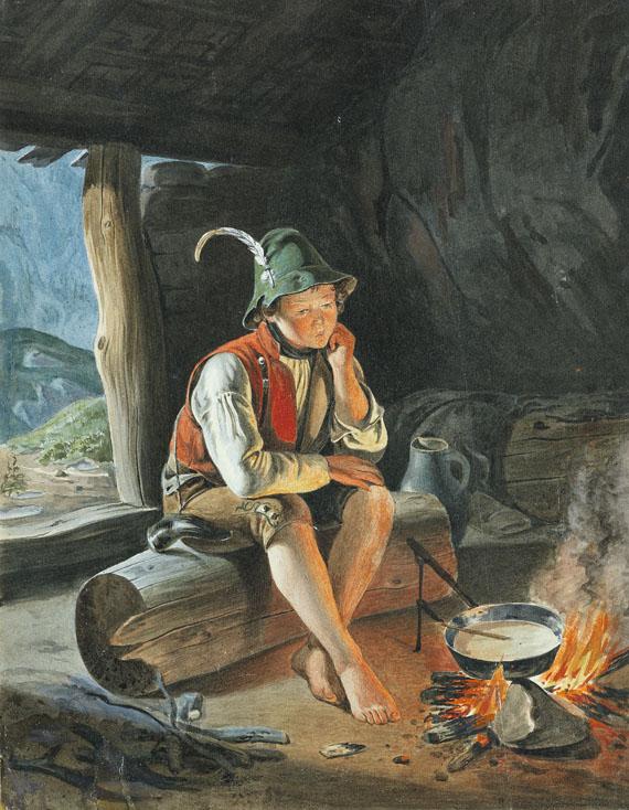 Carl Friedrich Moritz Müller - Ein Sennerbube in einer Felsenhöhle an einem aufflackernden Feuer sich wärmend