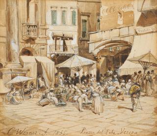 Carl Friedrich Werner - Die belebte Piazza delle Erbe in Verona.