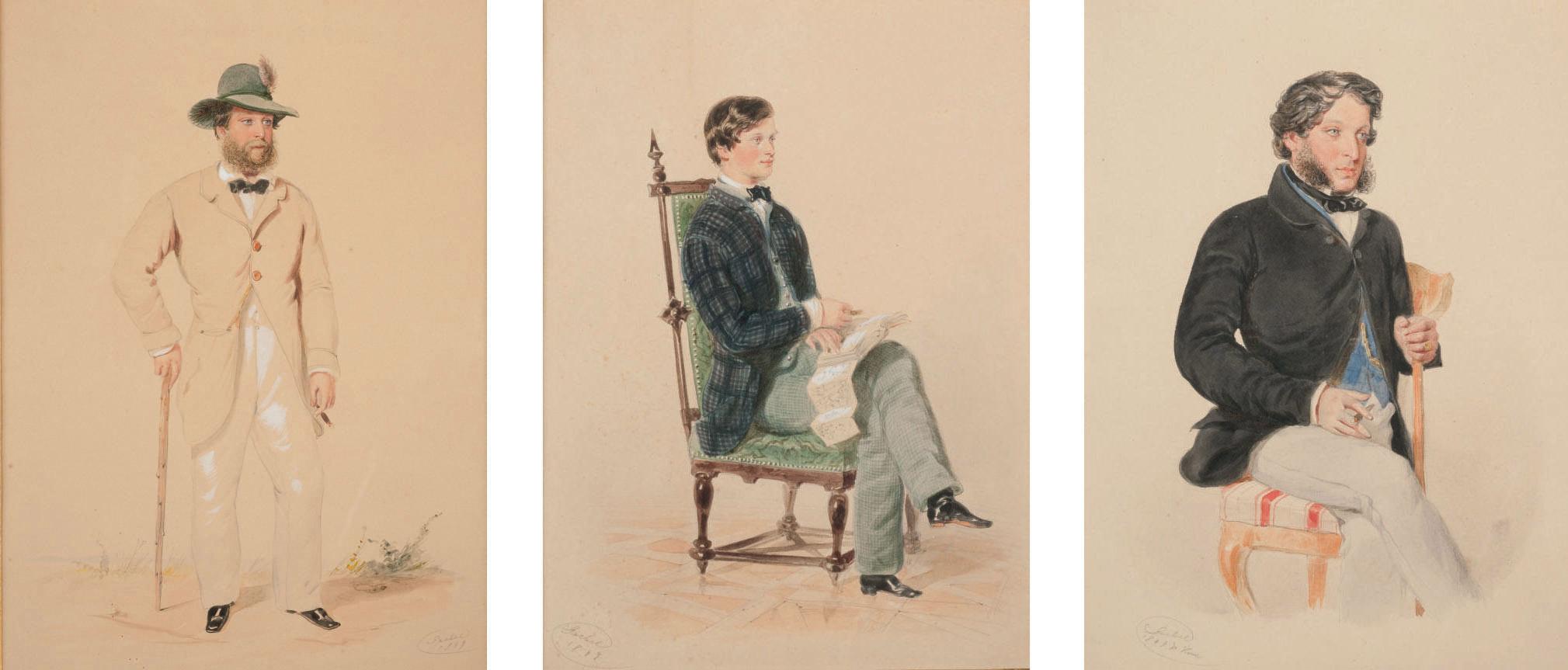 Carl Goebel - Homme debout avec sa canne; Homme assis lisant; et Homme assis fumant le cigare