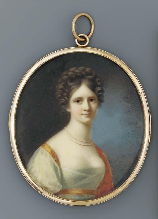 Carl Gottlob Schmeidler - A young lady, facing right in gold-bordered pale yellow dress, red cashmere stole draped over her left shoulder, two-strand pearl necklace, her brown hair plaited and upswept