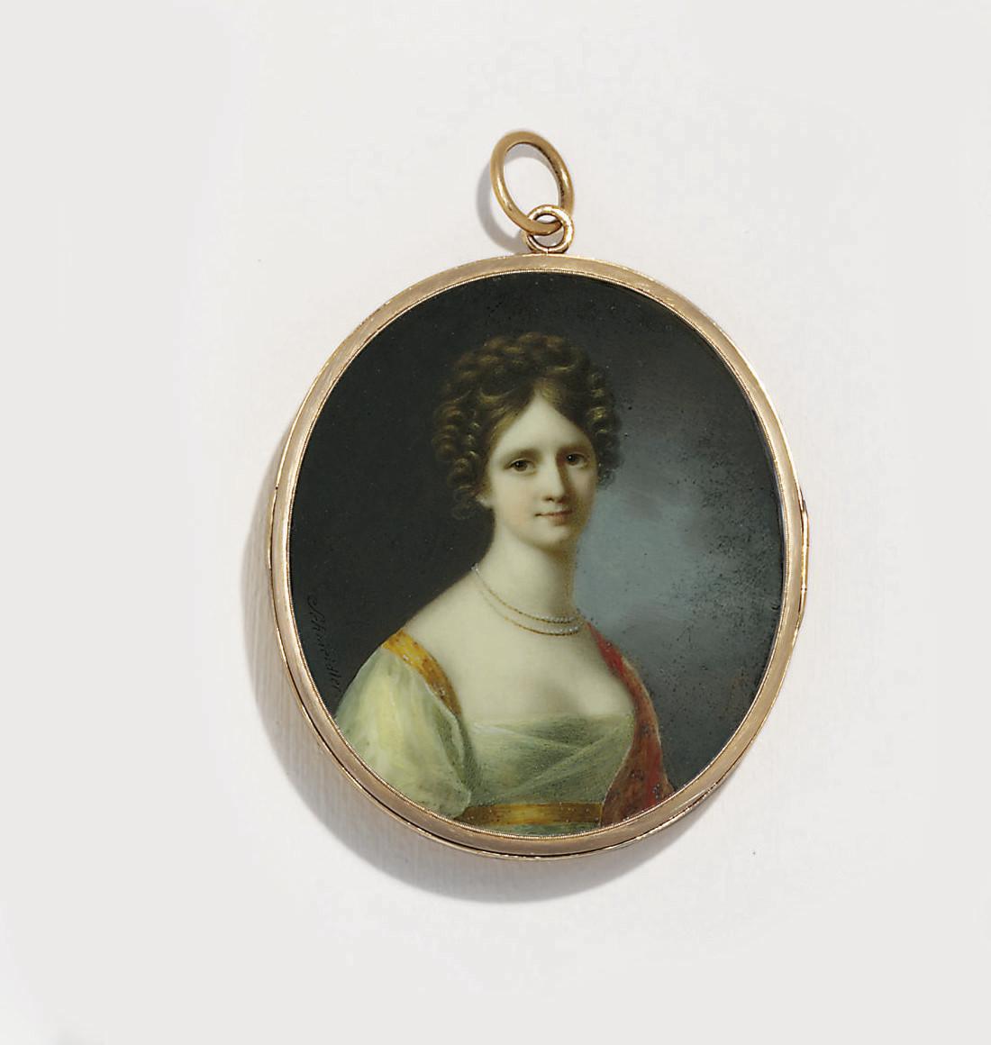 Carl Gottlob Schmeidler - A young lady, in white silk organza dress with orange trim about the shoulder and Empire waist, embroidered persimmon shawl, double-stranded pearl necklace, her chestnut hair plaited and upswept