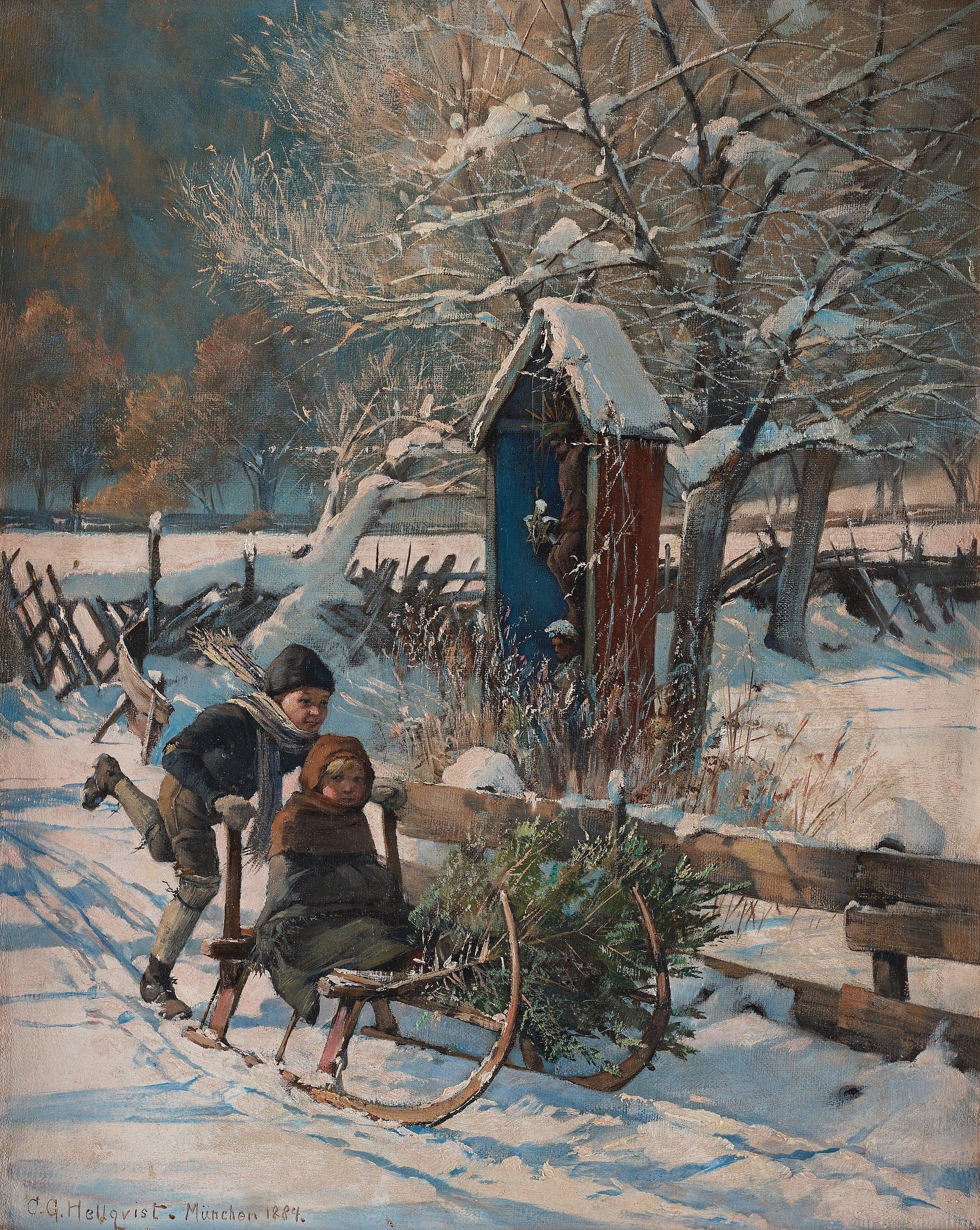 Carl Gustaf Hellqvist - Children kicksledding in the snow