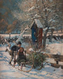 Carl Gustaf Hellqvist - Children kicksledding in the snow