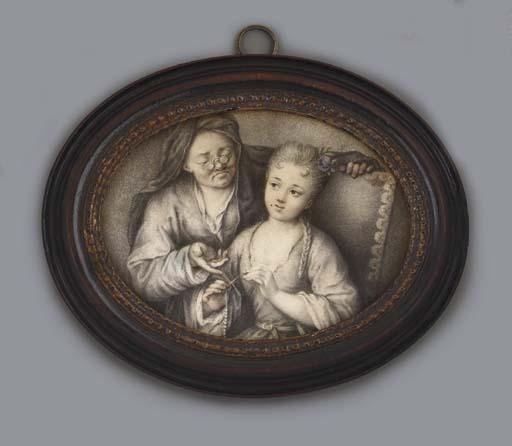 Carl Gustav Klingstedt - \'La leçon d\'enfilage\': an innocent girl learning to thread pearls, supervised by an elderly procuress wearing glasses