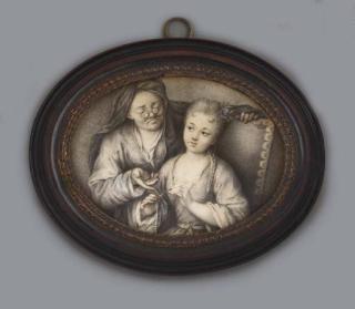 Carl Gustav Klingstedt - \'La leçon d\'enfilage\': an innocent girl learning to thread pearls, supervised by an elderly procuress wearing glasses