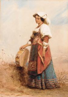 Carl Haag, R.W.S. - An Italian woman holding a tambourine