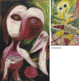 Carl-Henning Pedersen - Man with red bird (recto); Mask (verso)