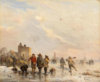 Carl Hilgers - Auf dem Eise. Schlittschuhläufer auf einem Kanal