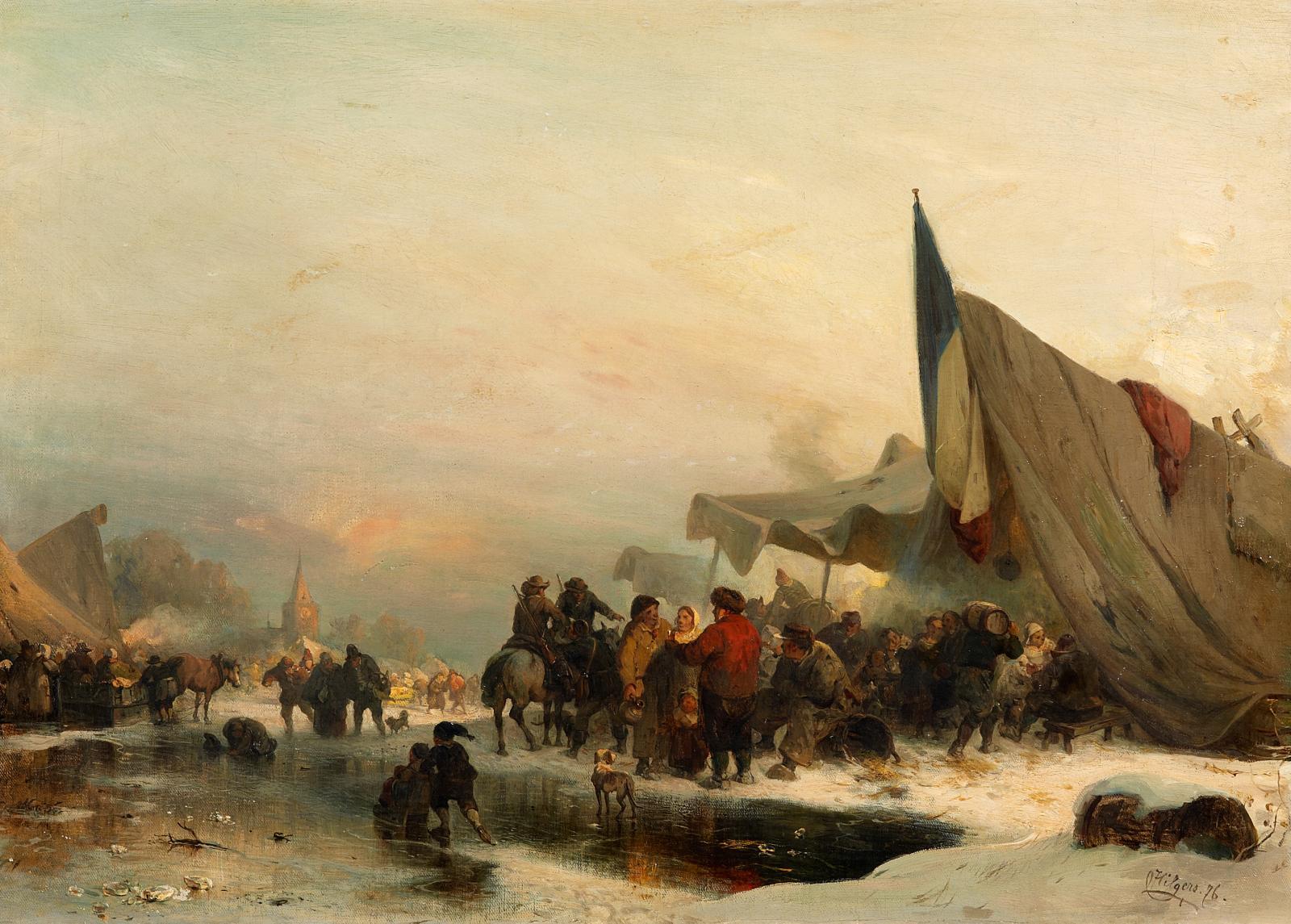 Carl Hilgers - Dorfmarkt am zugefrorenen Kanal