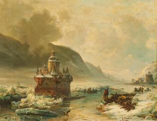 Carl Hilgers - Eisgang auf dem Rhein vor dem Pfalzgrafenstein bei Kaub.