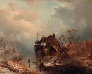 Carl Hilgers - Figures on the ice by a mansion
