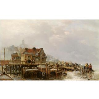 Carl Hilgers - German Figures Unloading A Sledge Near An Inn, Amsterdam