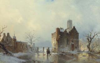 Carl Hilgers - Hunters With Their Dogs On A Frozen Stream By A Castle