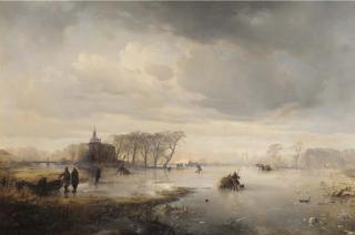Carl Hilgers - Skaters on a frozen lake, with a manor beyond