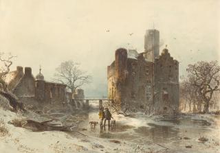 Carl Hilgers - Winterlandschaft mit zwei Jägern auf vereistem Burggraben.