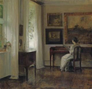 Carl Holsoe - A Lady reading Music in an Interior
