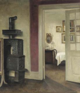 Carl Holsøe - An Interior with a Stove and a View into a Dining Room