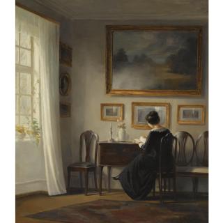 Carl Holsøe - Danish kvinde Der Sidder I Dagligstuen (Lady Seated In A Drawing Room Interior)