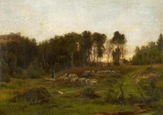 Carl Irmer - Abendstimmung am Waldrand mit Schäfer.