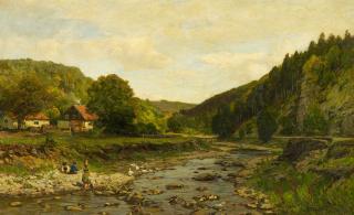 Carl Irmer - Bewaldete Flusslandschaft, Kinder am Ufer