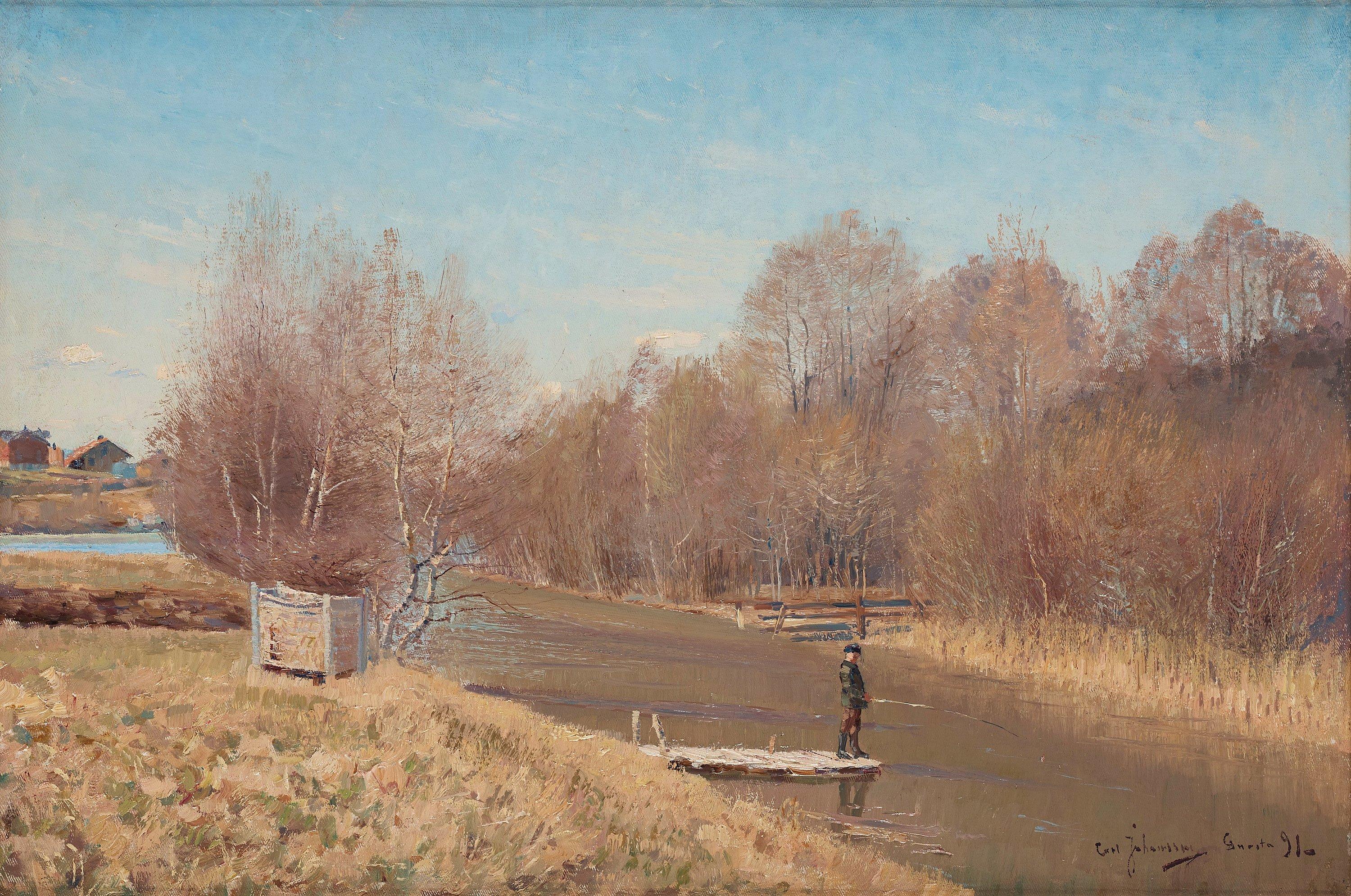 Carl Johansson - Spring landscape with boy fishing