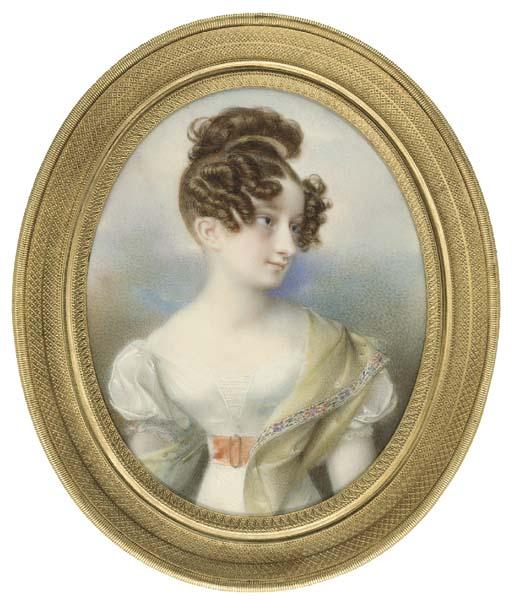 Carl Joseph Agricola - A young lady, facing right in low-cut white silk dress, orange sash with gold buckle, floral bordered pale green stole draped over her left shoulder, gold comb in her upswept and curled hair
