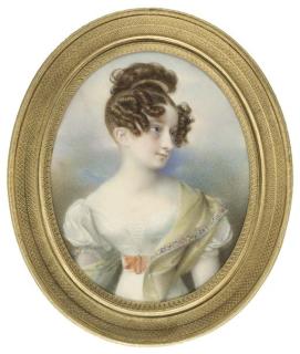 Carl Joseph Agricola - A young lady, facing right in low-cut white silk dress, orange sash with gold buckle, floral bordered pale green stole draped over her left shoulder, gold comb in her upswept and curled hair
