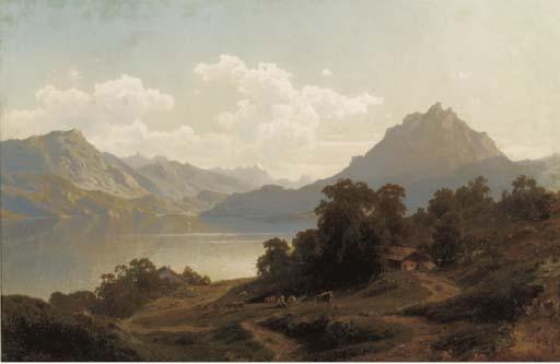 Carl Jungheim - Cowherds by a lake in an extensive mountain landscape
