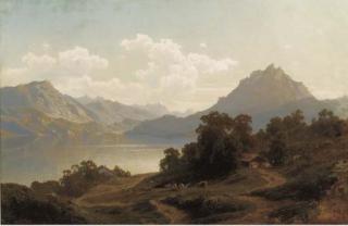 Carl Jungheim - Cowherds by a lake in an extensive mountain landscape