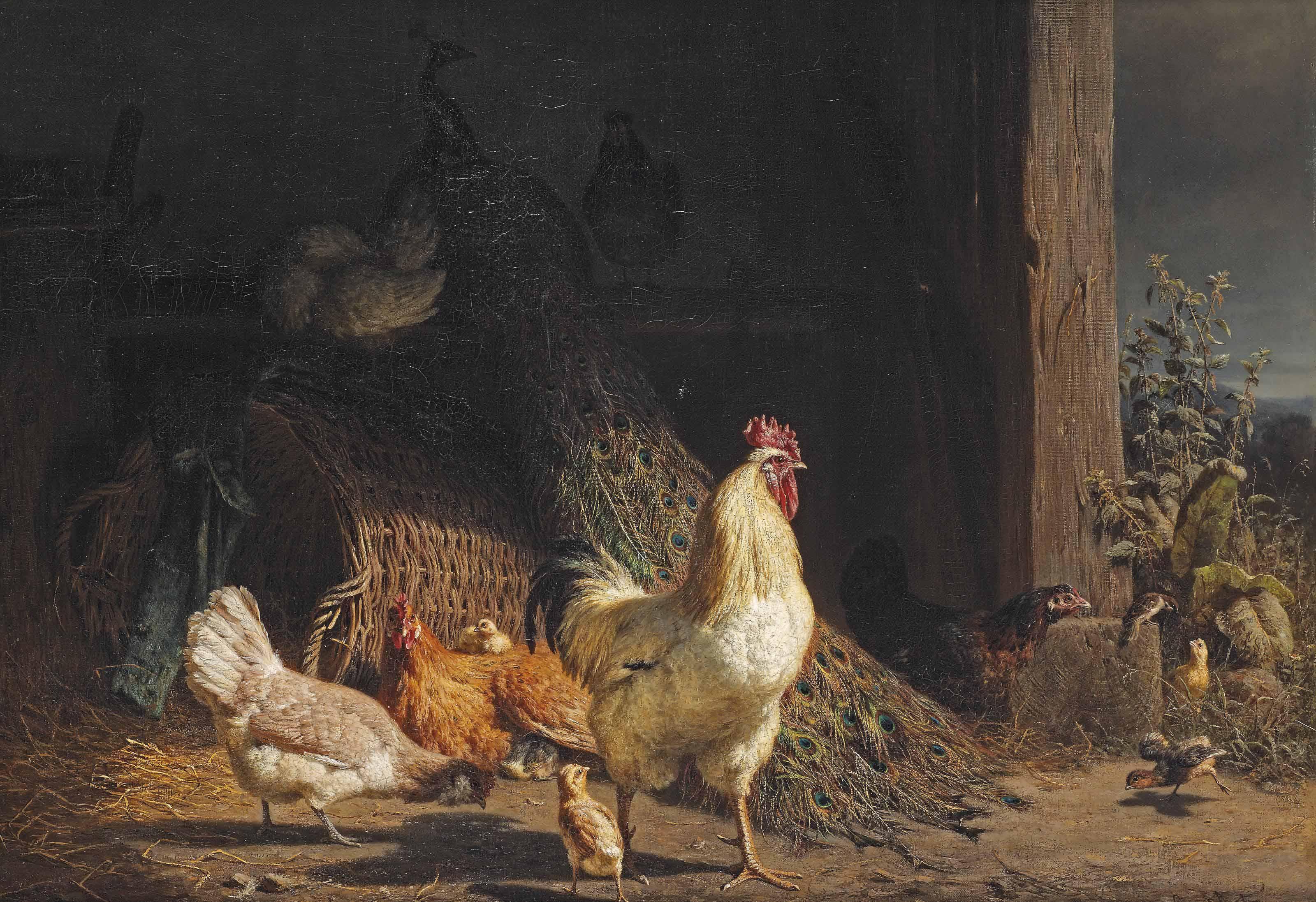 Carl Jutz Sen. - A peacock, a rooster and chicks in a stable
