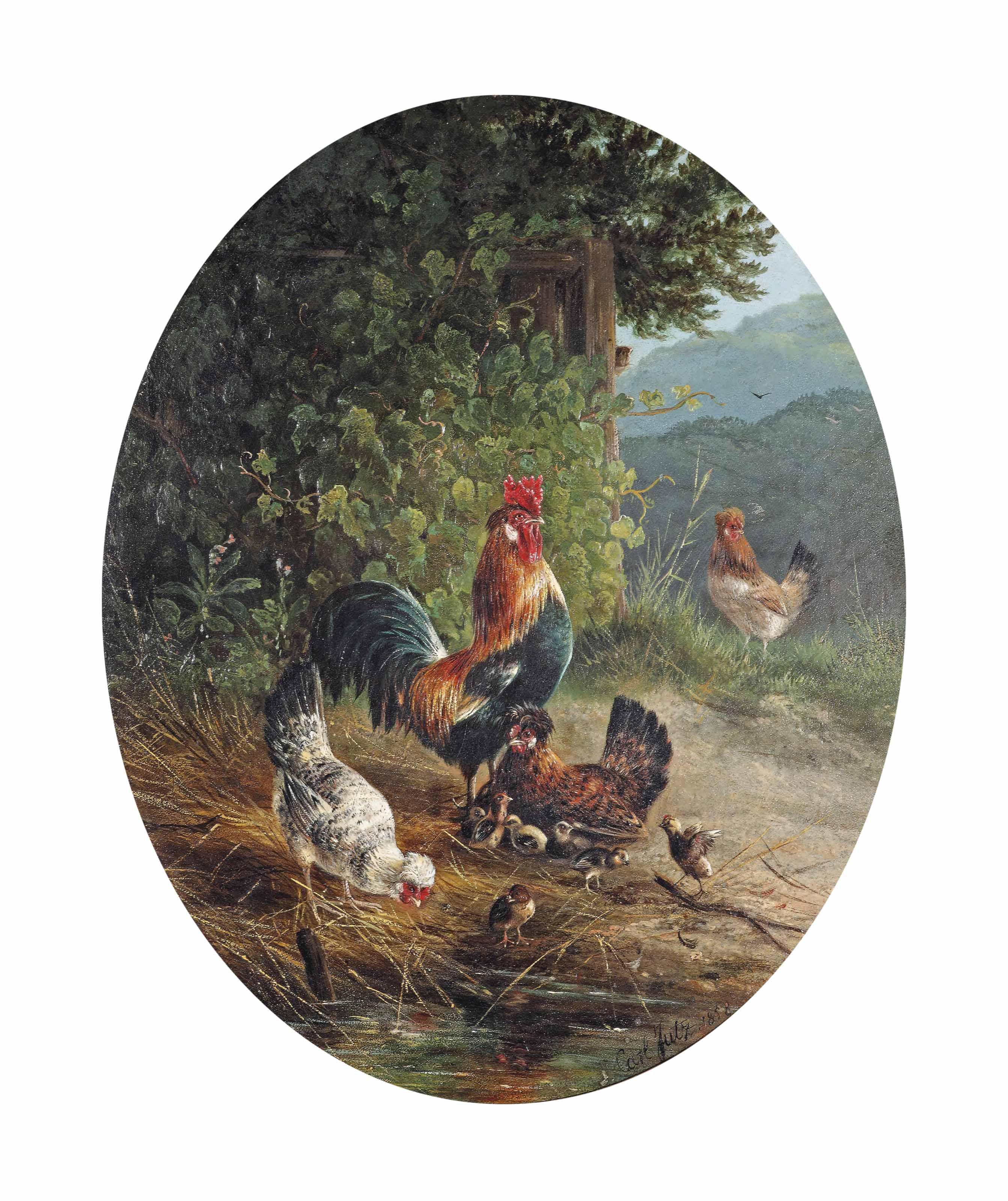 Carl Jutz Sen. - A rooster with hens and chicks