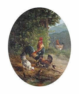 Carl Jutz Sen. - A rooster with hens and chicks