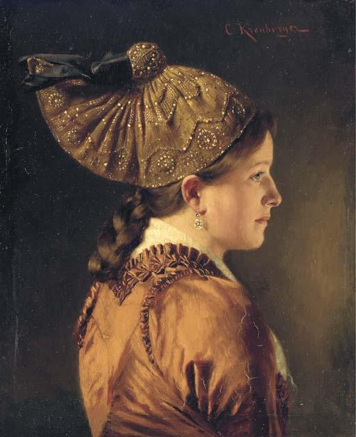 Carl Kronberger - A Portrait Of A Girl Wearing A  Goldhaube