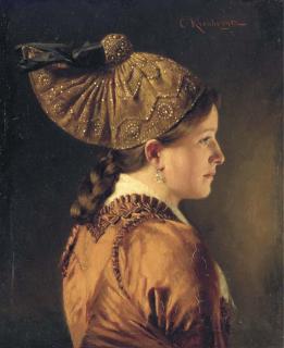 Carl Kronberger - A Portrait Of A Girl Wearing A  Goldhaube