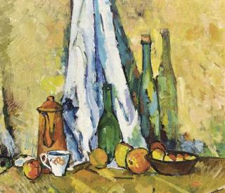 Carl L. Wragg - A coffee pot, a cup, bottles and fruit on a table before a drape