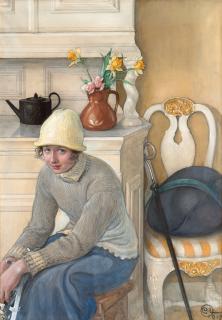 Carl Larsson - Girl with ice skates, interior from the school household, Falun