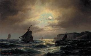 Carl Ludwig Bille - Fishing Vessels Tacking Out To Sea By Moonlight