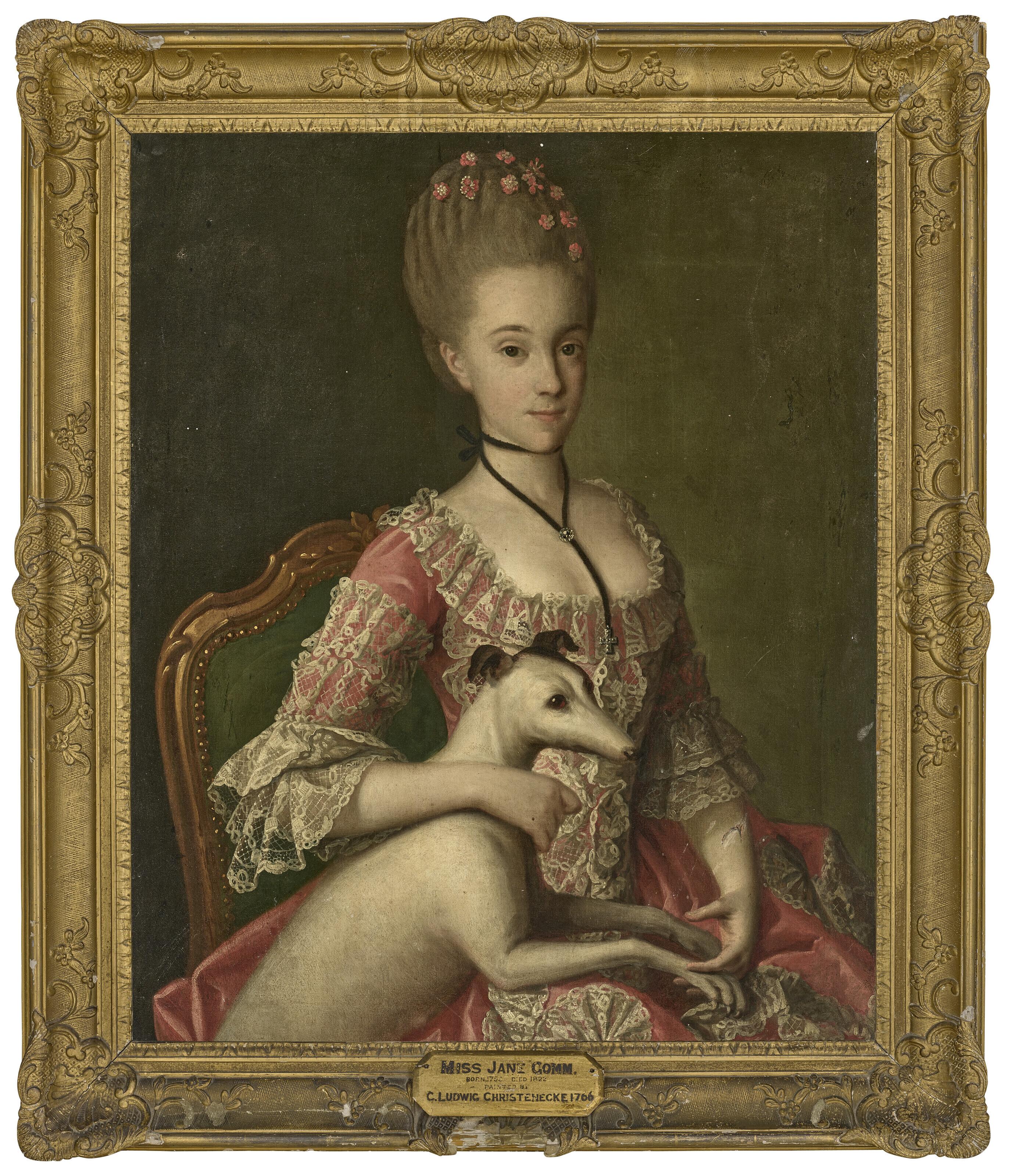 Carl Ludwig Christinek - Portrait of Jane Gomm (1753-1822), three-quarter-length, in a pink dress with a greyhound