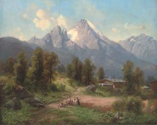 Carl Millner - Harvesters in an alpine landscpe