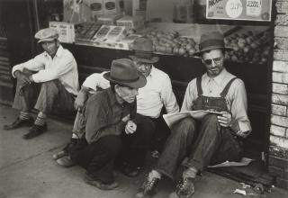 Carl Mydans - Sharing the morning news, Farmer Group, Prairie County, Mississippi County, Missouri