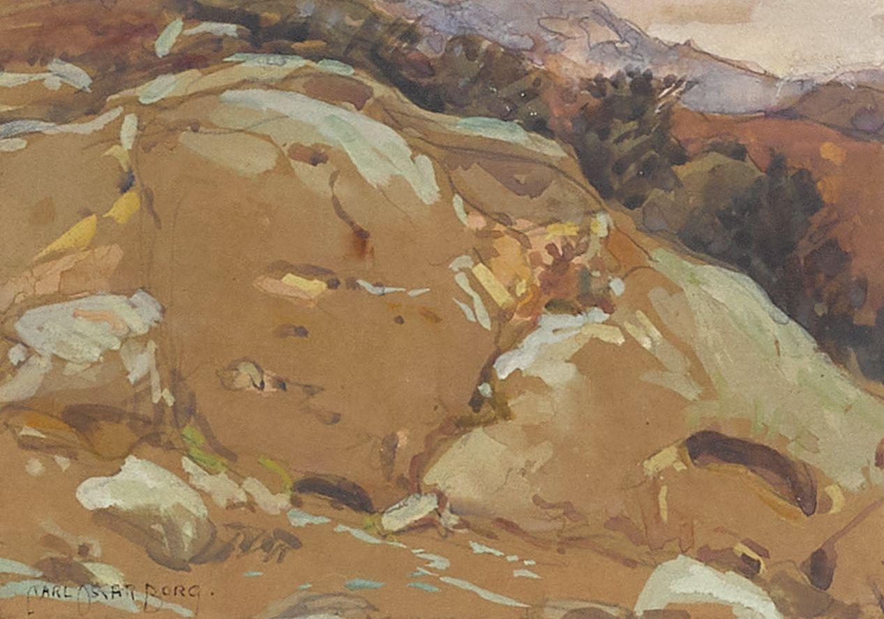 Carl Oscar Borg - Road to the mountains, Rock Outcrop, and Native American peering over a ledge (a group of three)