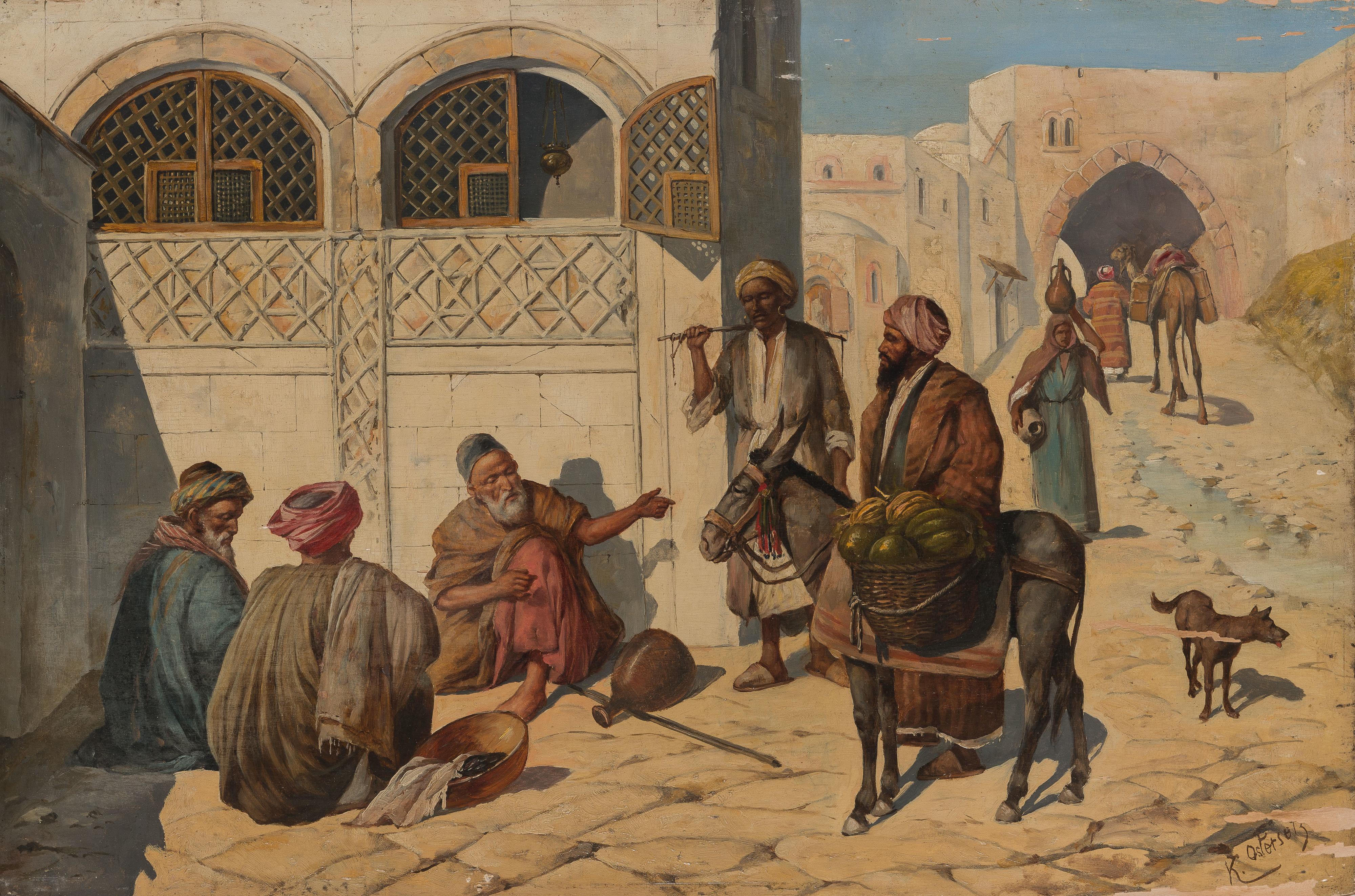 Carl Ostersetzer - Scorcio del Cairo con figure e viandanti