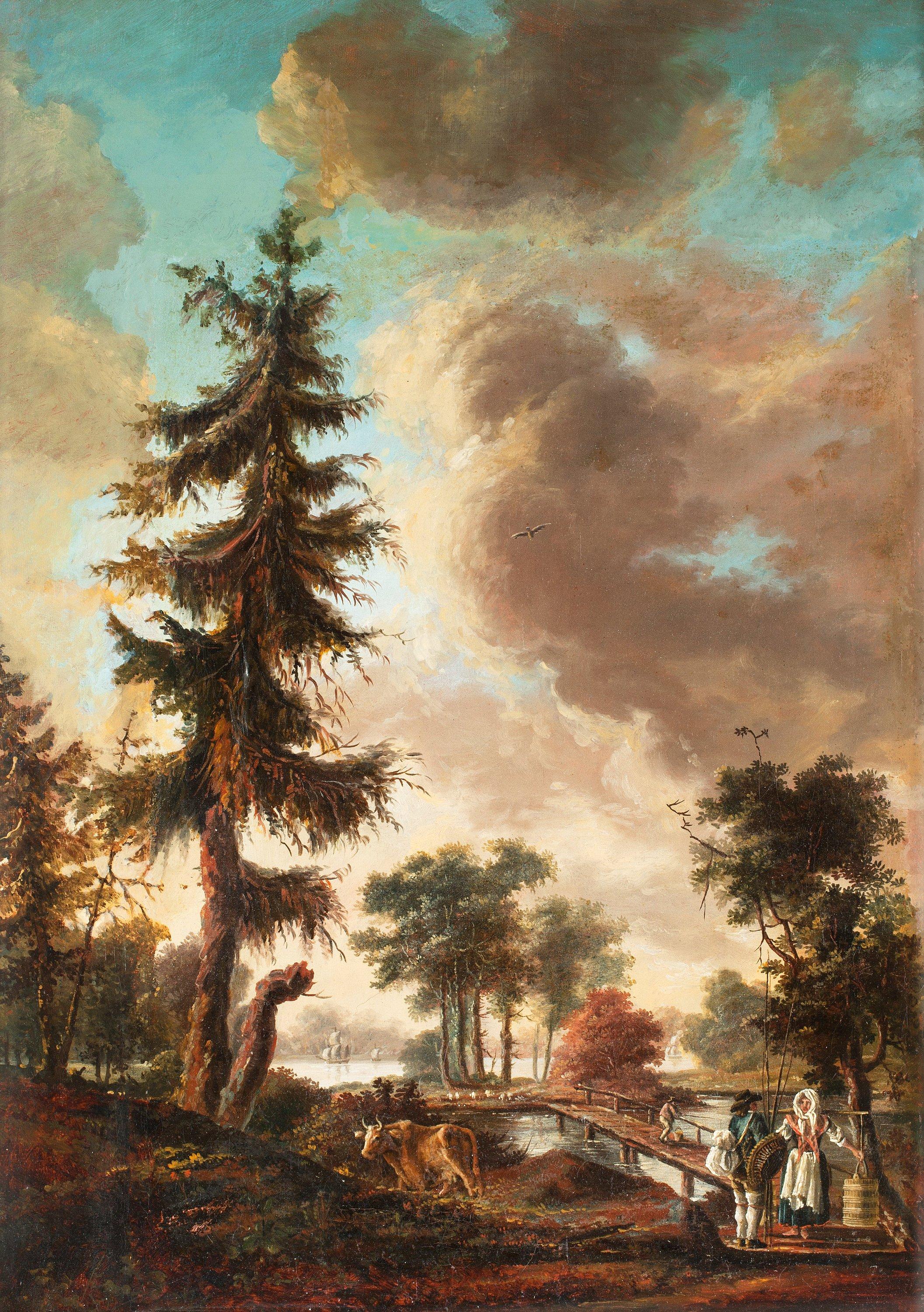 Carl Petter Hilleström - Insjölandskap med samtalande figurer vid en stor gran