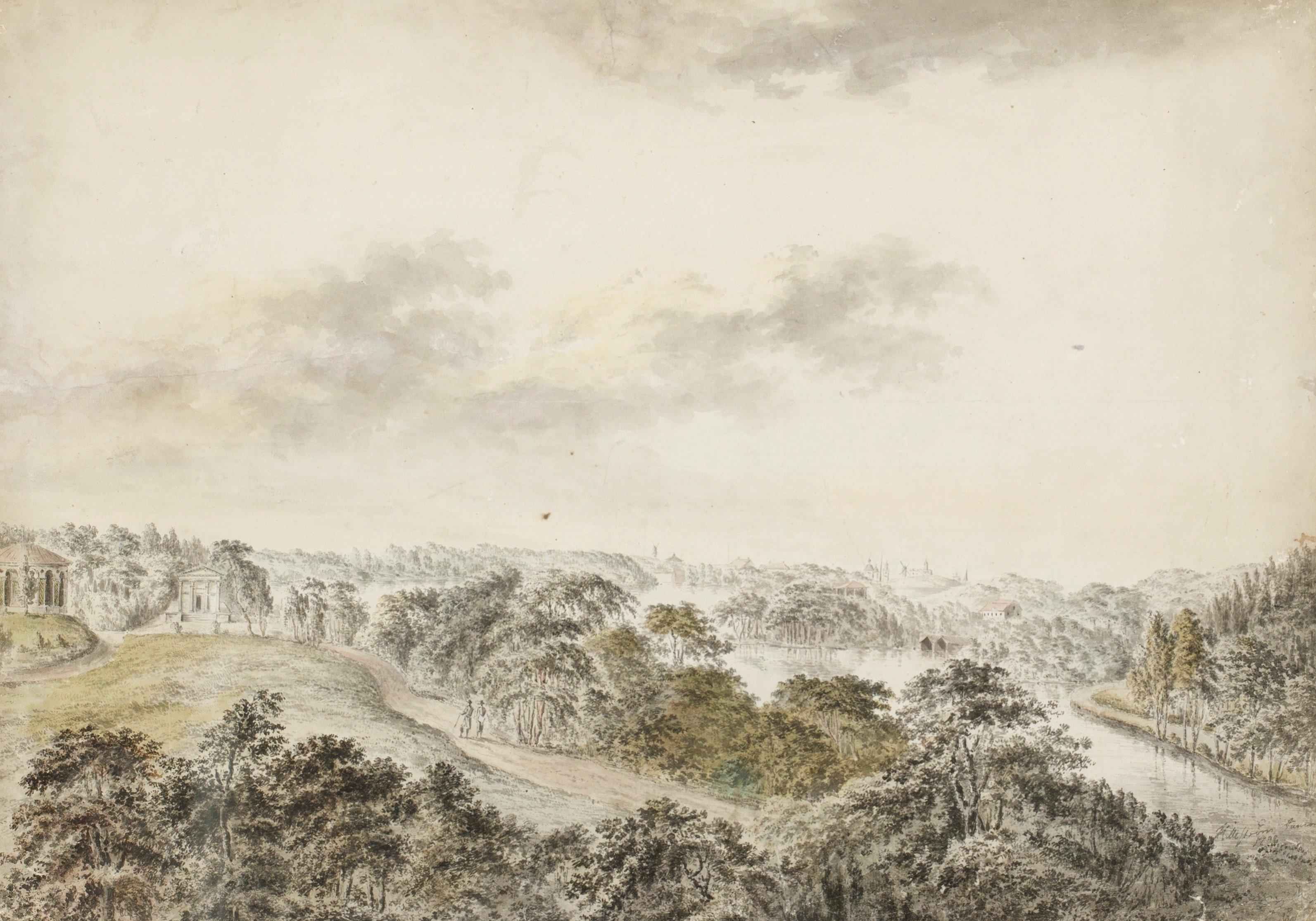 Carl Petter Hilleström - Utsikt över Brunnsviken i Hagaparken i höjd med Gustaf III:s paviljong med Ekotemplet och Amor och Psykestemplet